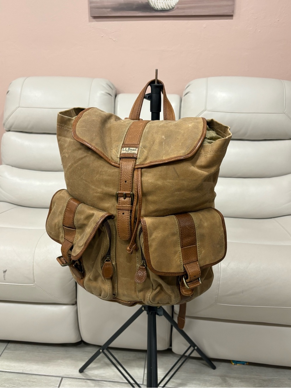 Vintage LL Bean Continental Rucksack Waxed Canvas Leather Backpack Tan Brown 90s